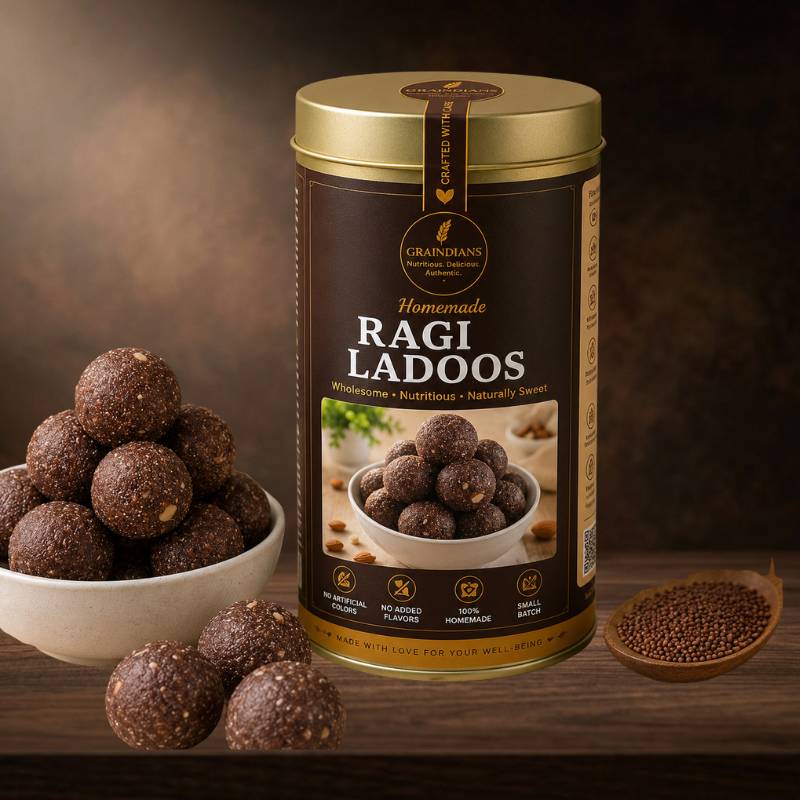 Graindians Ragi Ladoos made with ragi flour, jaggery and almonds