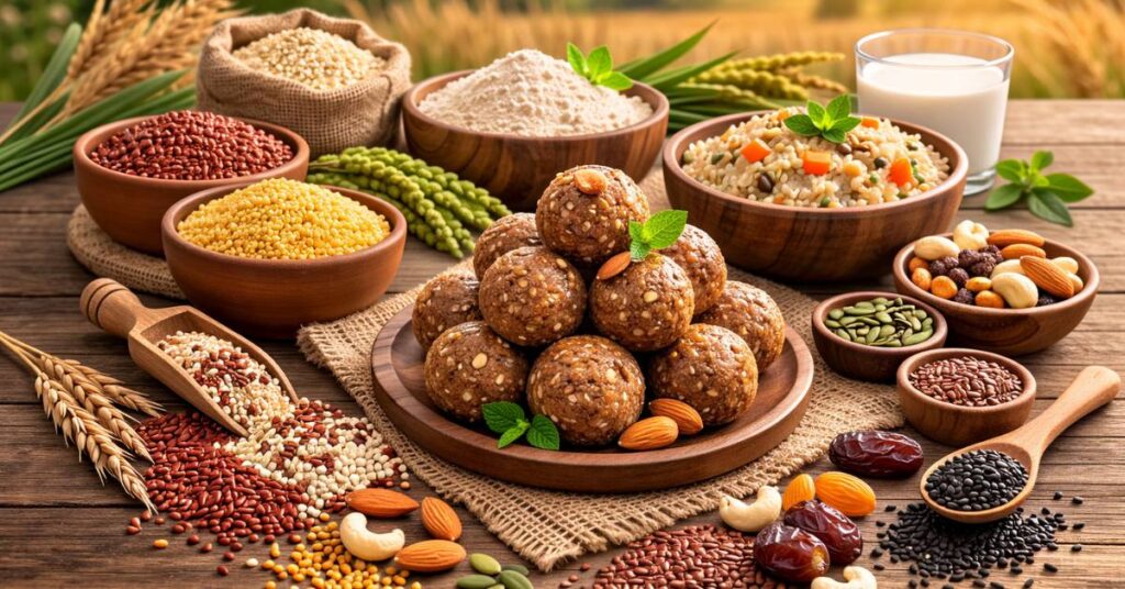 Benefits of millets showing ragi, bajra and jowar grains