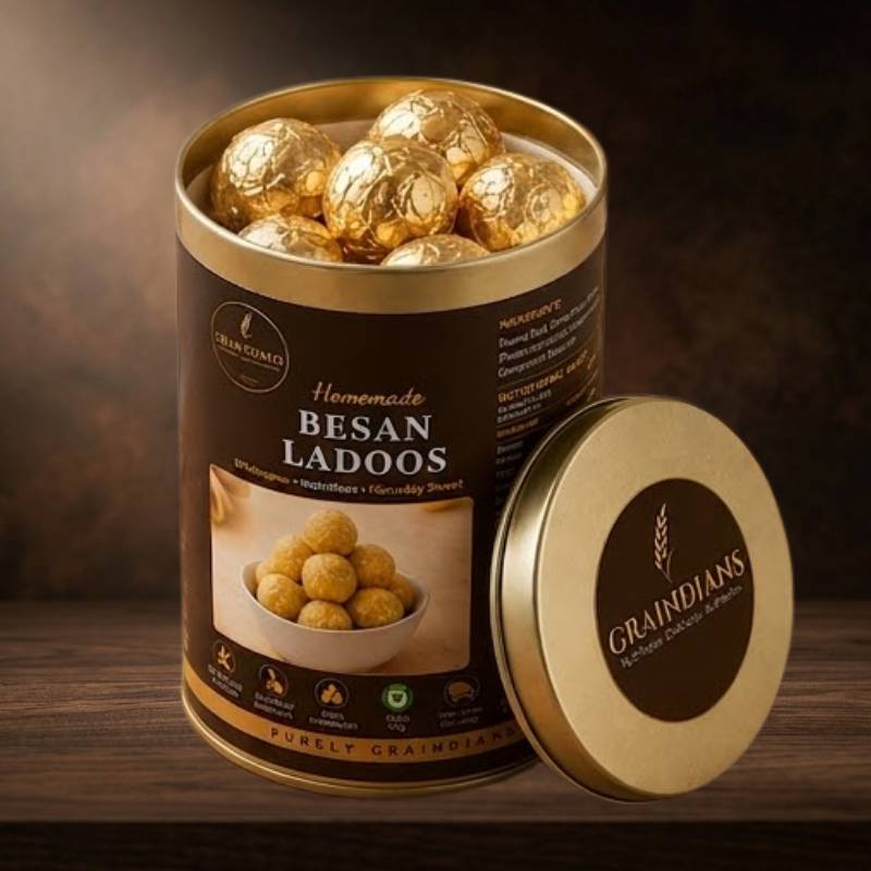 Graindians handcrafted Besan Ladoos made with roasted gram flour and traditional ingredients