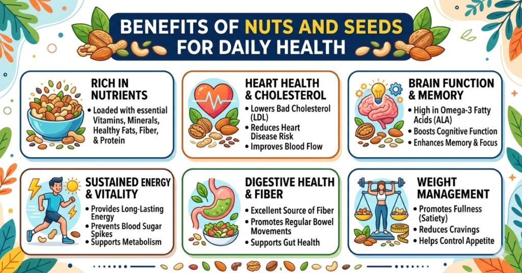 Benefits of nuts and seeds with almonds walnuts makhana and pumpkin seeds for daily nutrition