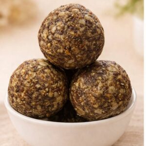 Flax Seed Ladoos made with jaggery, oats, and almonds