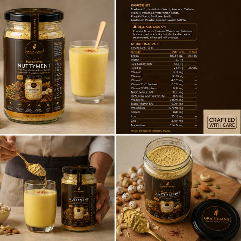 Nuttyment by Graindians – premium nutritional mix made with makhana, almonds, cashews, walnuts, pumpkin seeds, sunflower seeds, turmeric, saffron and cardamom for daily nutrition.
