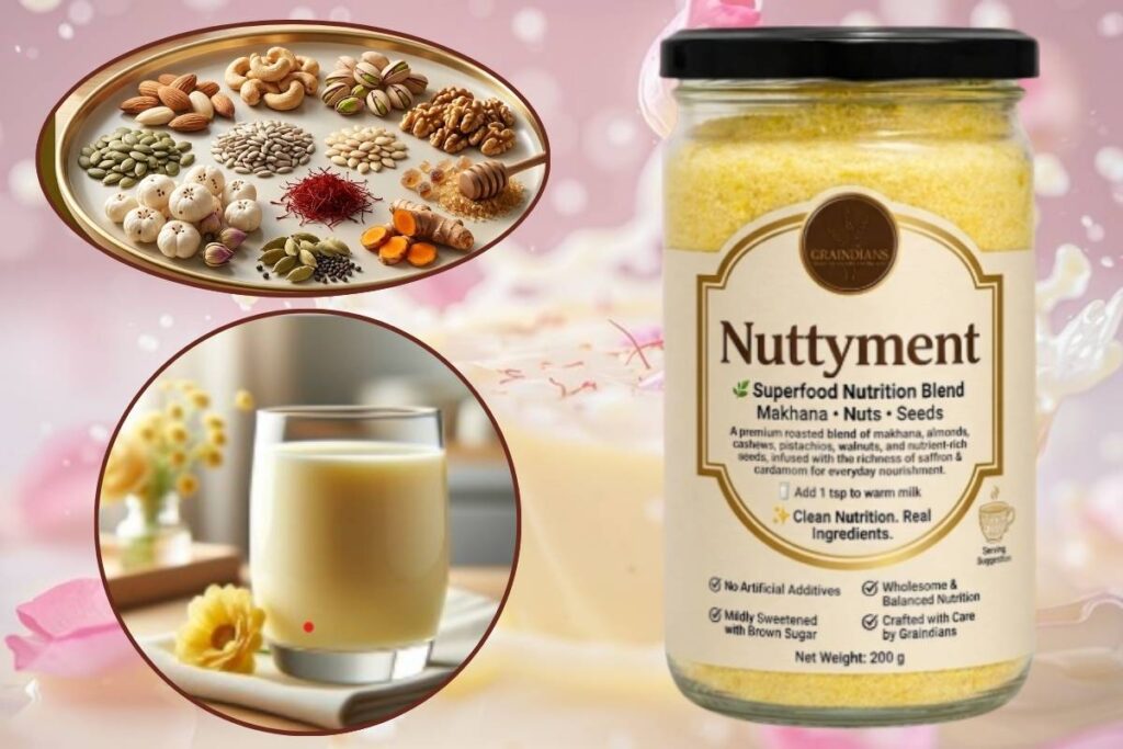 Nuttyment health mix made with nuts, seeds, and saffron for daily nutrition in milk