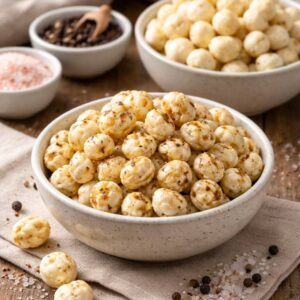 Roasted salted makhana with Himalayan salt and pepper in a bowl