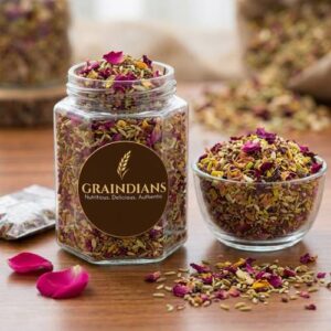 Graindians Mukhwas made with fennel seeds, flax seeds, sesame seeds, rose petals, gulkand and dried dates