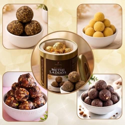 Graindians handcrafted assorted healthy laddoos including Methi Ladoos, Dry Fruit Ladoos, Ragi Ladoos, Besan Ladoos, and Nuttyment made with wholesome ingredients.