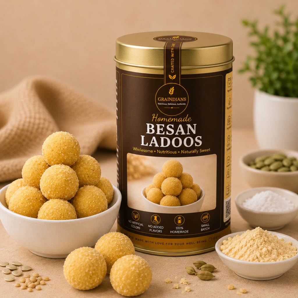 Homemade Besan Ladoos by Graindians in a premium cylindrical gift tin with handcrafted besan ladoos served in a white bowl, made with gram flour, pure cow ghee, bhura, muskmelon seeds and cardamom.
