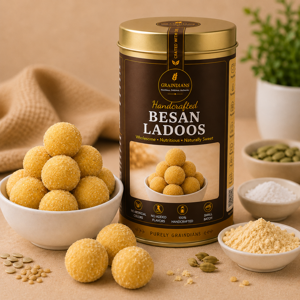 Traditional Besan Ladoos handcrafted with roasted gram flour by Graindians