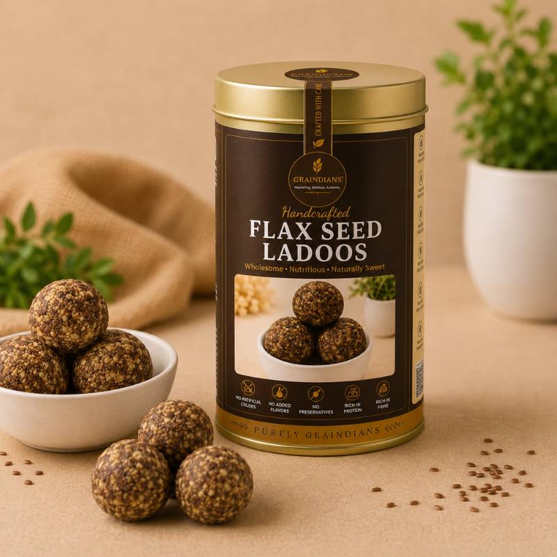 Graindians Homemade Flax Seed Ladoos made with flax seeds, oats, almonds and jaggery in a premium gift tin.