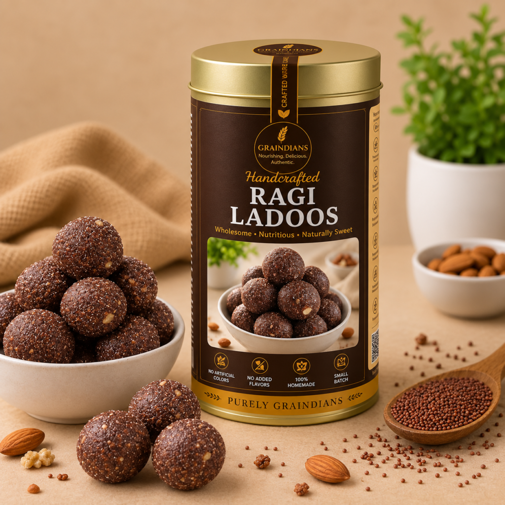 Graindians Homemade Ragi Ladoos in premium gift tin with fresh ragi ladoos, almonds and finger millet displayed on a beige background.