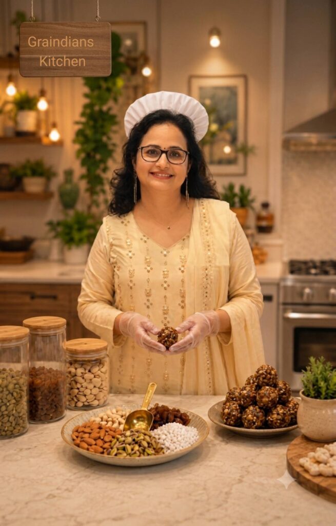 Founder of Graindians handcrafting healthy dry fruit laddoos in a professional kitchen using premium nuts and traditional ingredients.