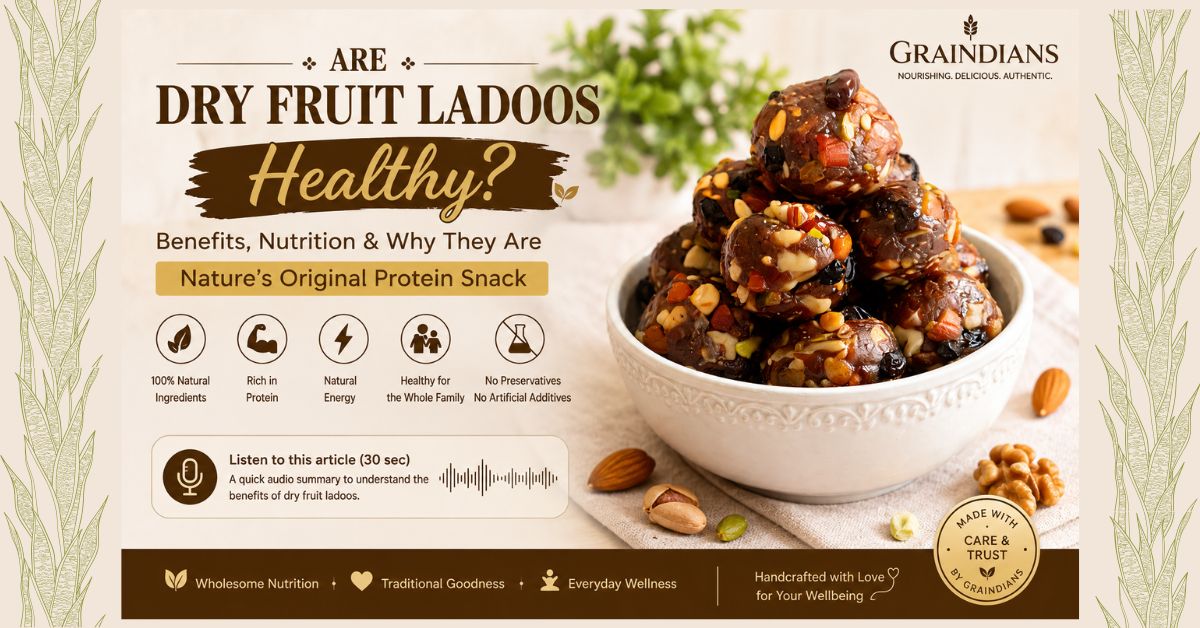 Graindians dry fruit ladoos made with nuts, dried fruits and seeds served in a bowl