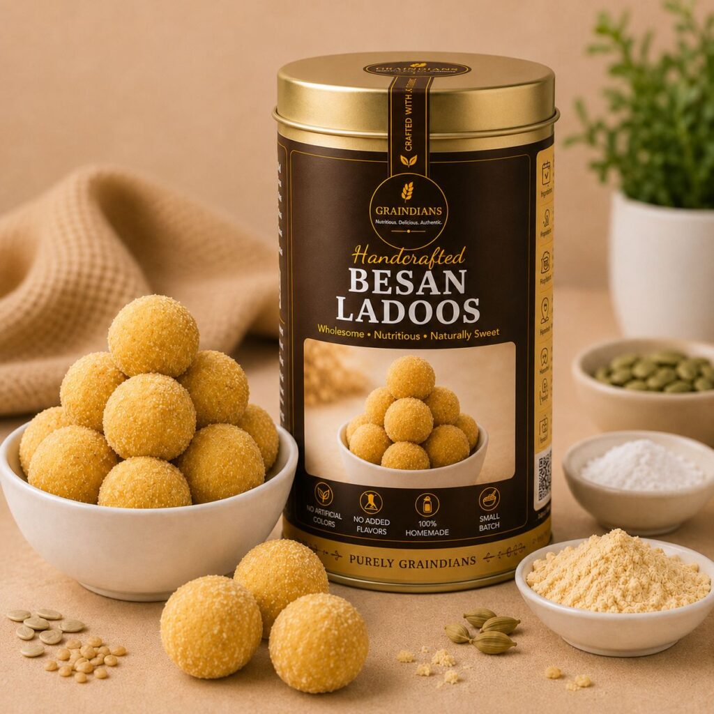 Homemade Besan Ladoos by Graindians in a premium cylindrical gift tin with handcrafted besan ladoos served in a white bowl, made with gram flour, pure cow ghee, bhura, muskmelon seeds and cardamom.