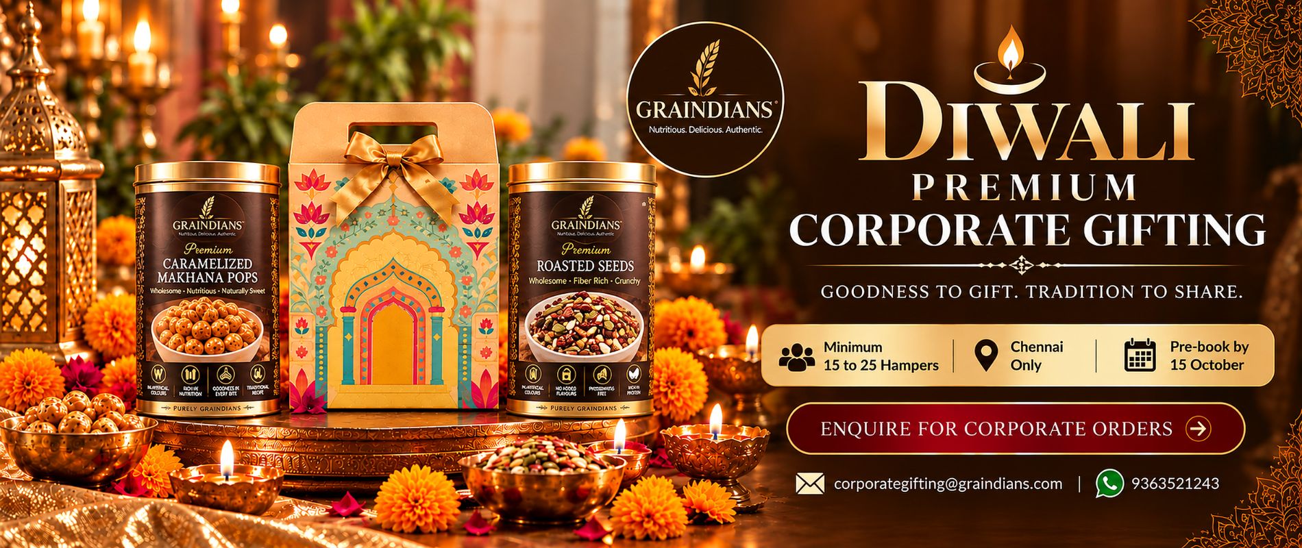 Graindians Diwali corporate gift hamper with Caramelized Makhana Pops and Roasted Seeds
