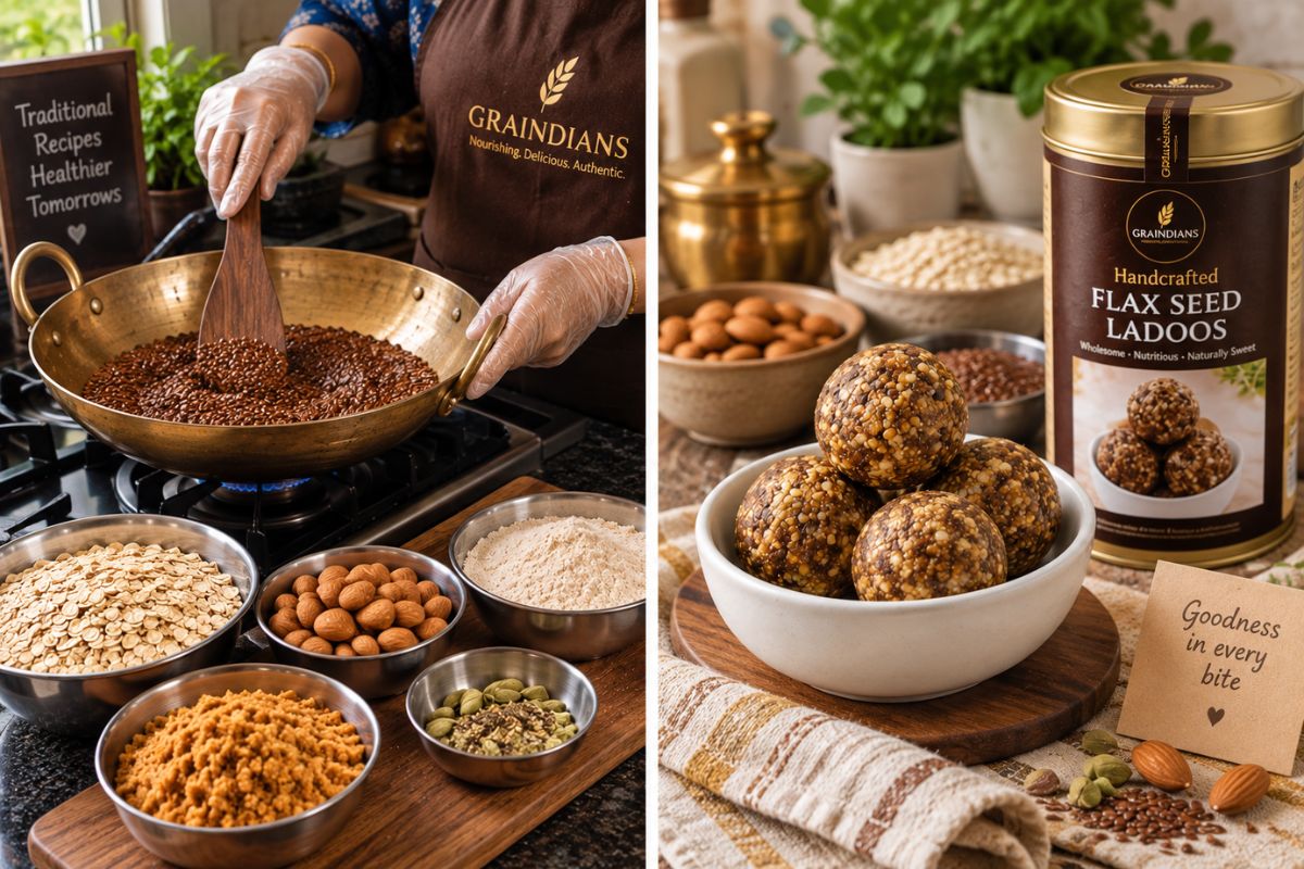 Flax seed ladoos made with roasted flax seeds, almonds, oats, jaggery and pure cow ghee