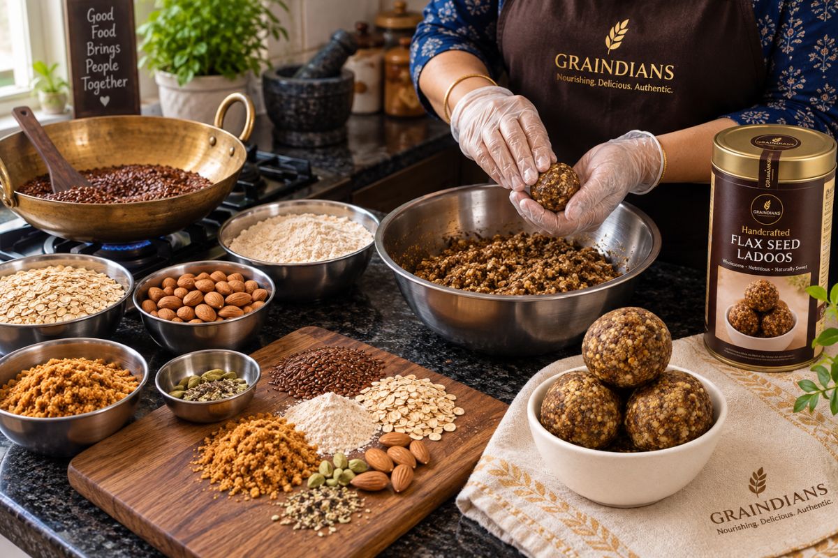 Flax seed ladoos being handcrafted with roasted flax seeds, almonds, oats and jaggery