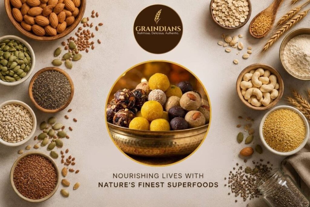 Traditional ladoos ingredients for flax seed, Ragi, dry fruit, Gond and Besan ladoos