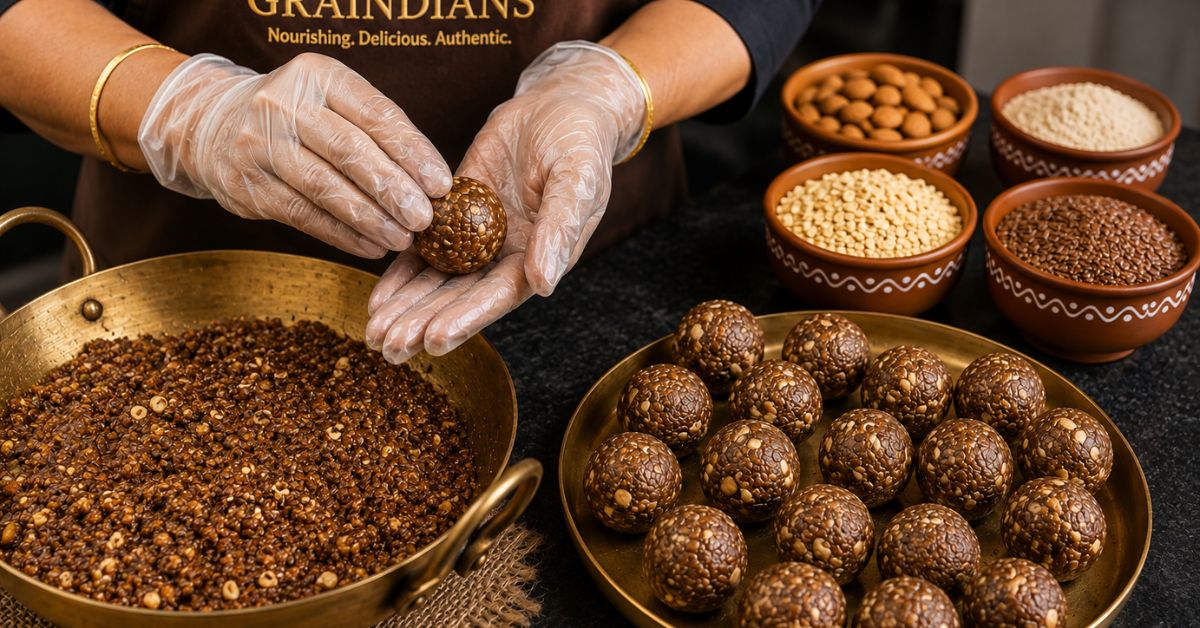 Traditional ladoos being handcrafted using pure ghee healthy ladoos ingredients