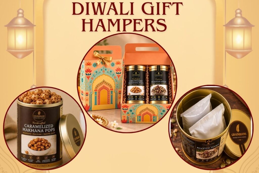 Colleagues exchanging Diwali gifts at an office celebration